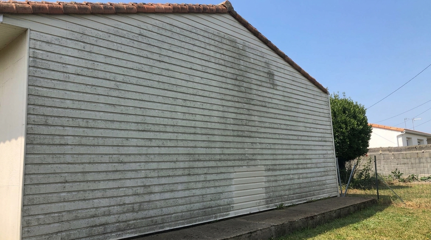 Façade encrassée avec traces et mousses avant nettoyage